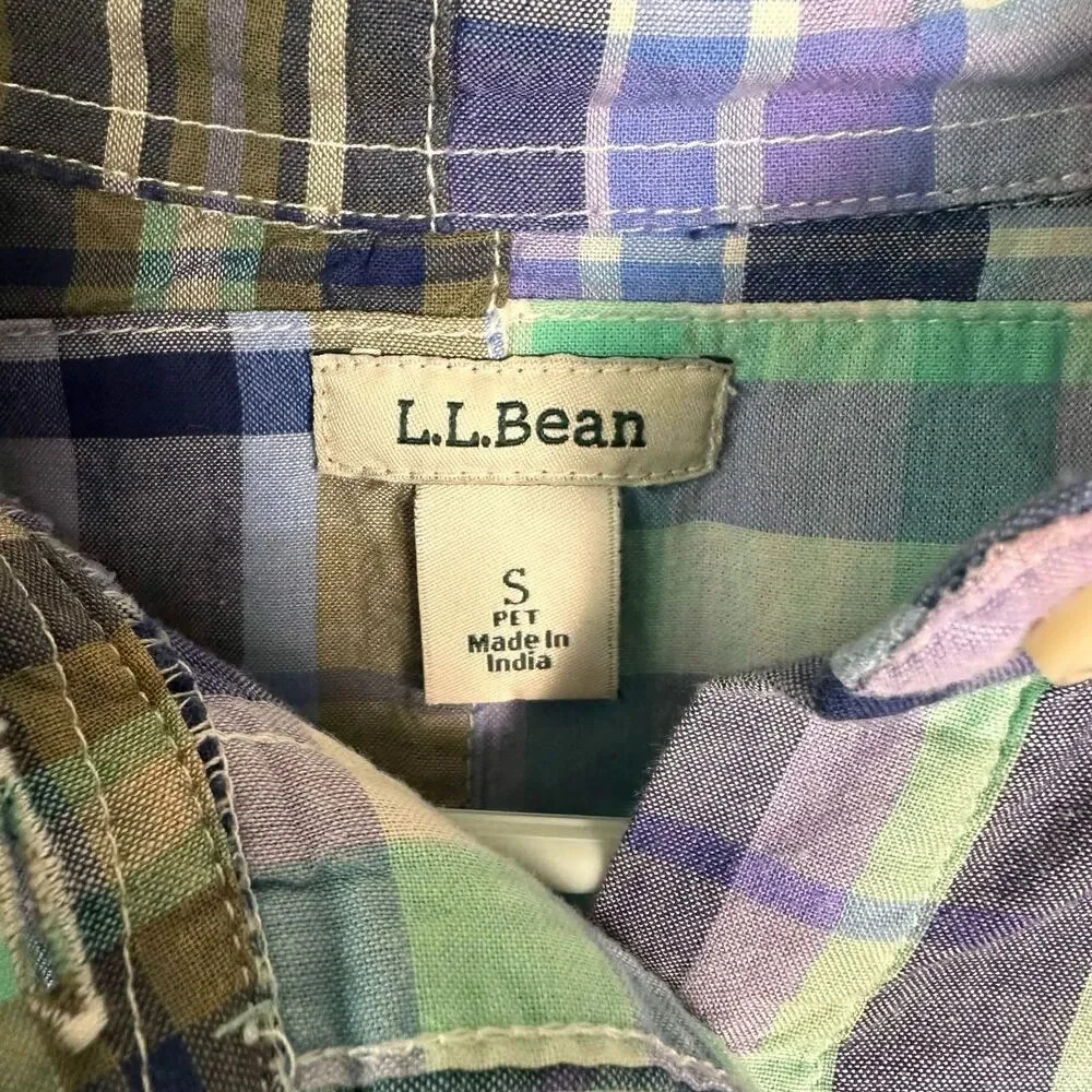 L.L. Bean Plaid Patchwork Button Down Shirt Small Petite Blue Purple 100% Cotton - Picture 4 of 8
